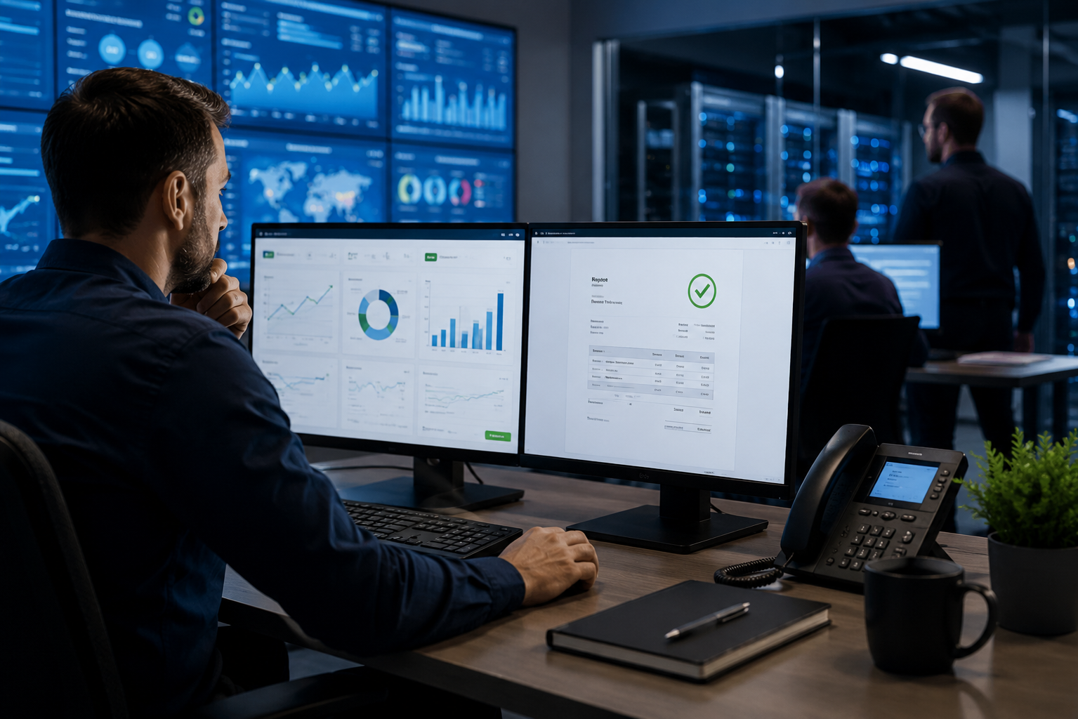http://Technicien%20Sinaaps%20supervisant%20l'infogérance%20informatique%20d'entreprises%20à%20Cannes,%20Grasse%20et%20alentours%20sur%20deux%20écrans%20de%20monitoring