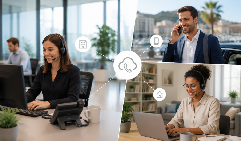 Collaborateurs utilisant un standard téléphonique cloud depuis le bureau, leur domicile et en déplacement avec une solution de téléphonie IP unifiée.