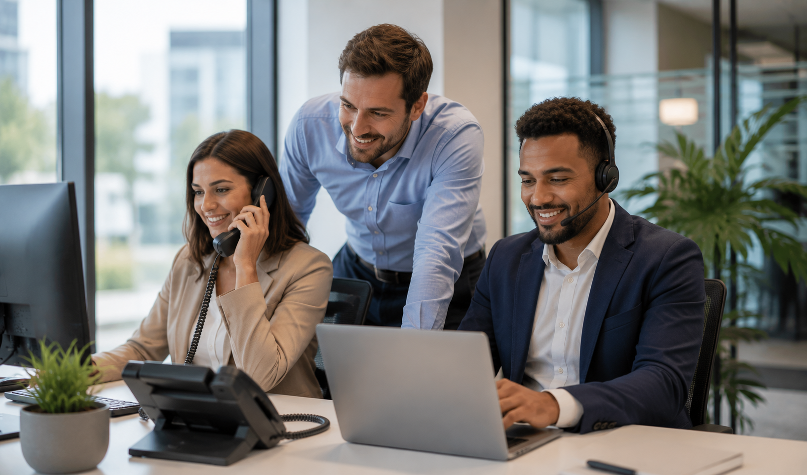 http://Trois%20professionnels%20utilisant%20un%20standard%20téléphonique%20IP%20et%20des%20outils%20collaboratifs%20dans%20un%20bureau%20moderne%20pour%20gérer%20les%20appels%20d'une%20entreprise.