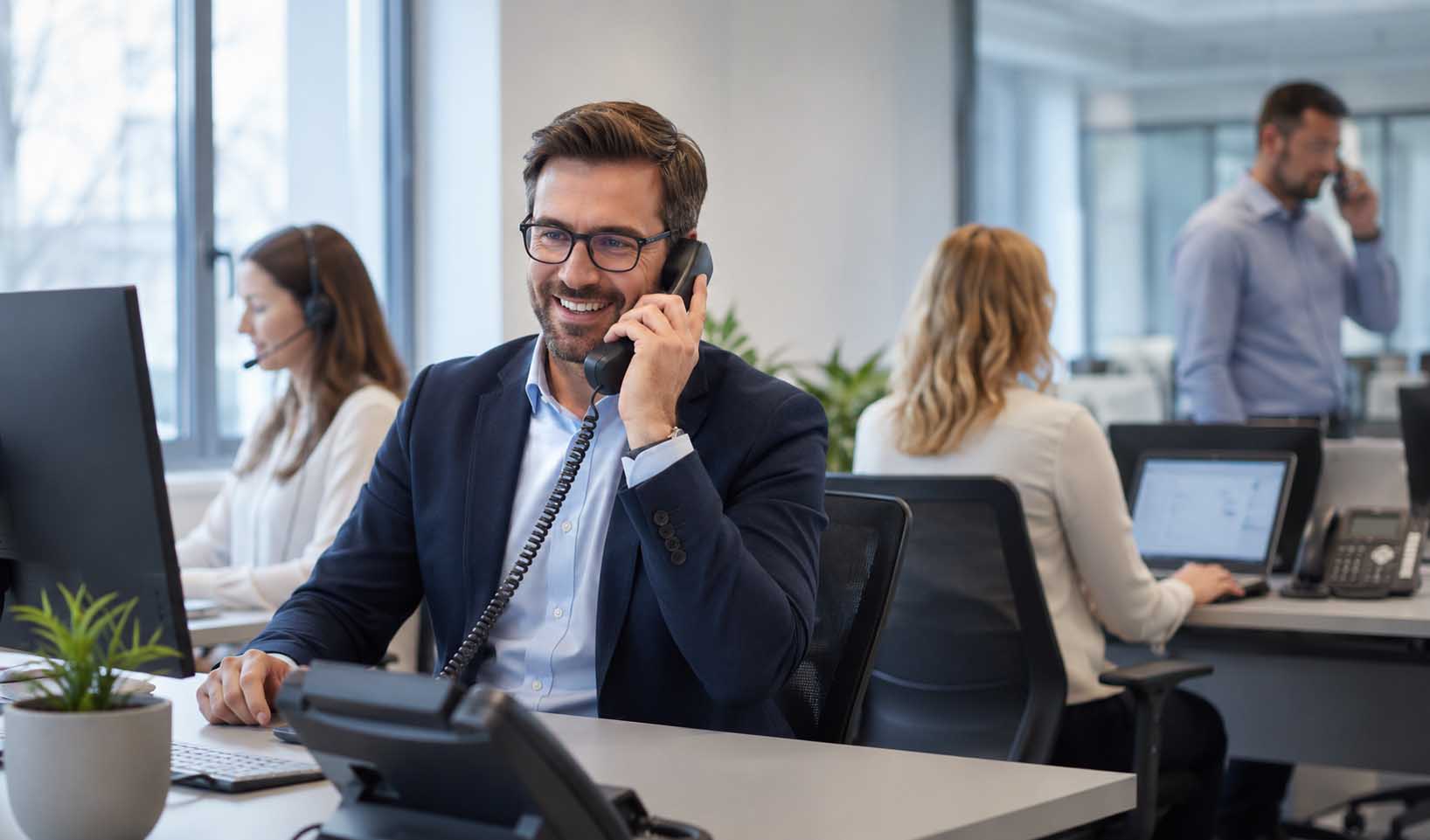 http://Équipe%20professionnelle%20utilisant%20une%20solution%20de%20téléphonie%20d’entreprise%20moderne%20avec%20VoIP,%20standard%20téléphonique%20et%20outils%20collaboratifs%20pour%20TPE%20et%20PME