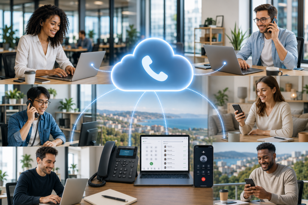 Illustration d’un standard téléphonique cloud reliant des équipes réparties travaillant à distance sur ordinateur et smartphone. Spécialiste de la téléphonie d'entreprise à Valbonne et Antibes