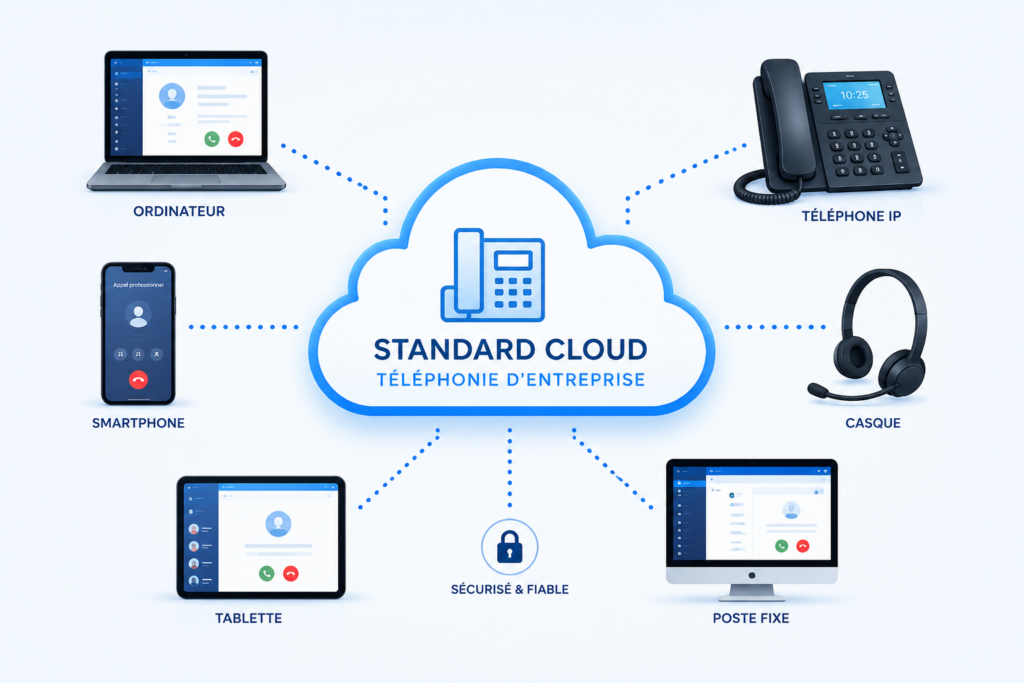 Téléphonie IP d’entreprise à Cannes et Grasse avec standard cloud connecté aux ordinateurs, smartphones et téléphones professionnels