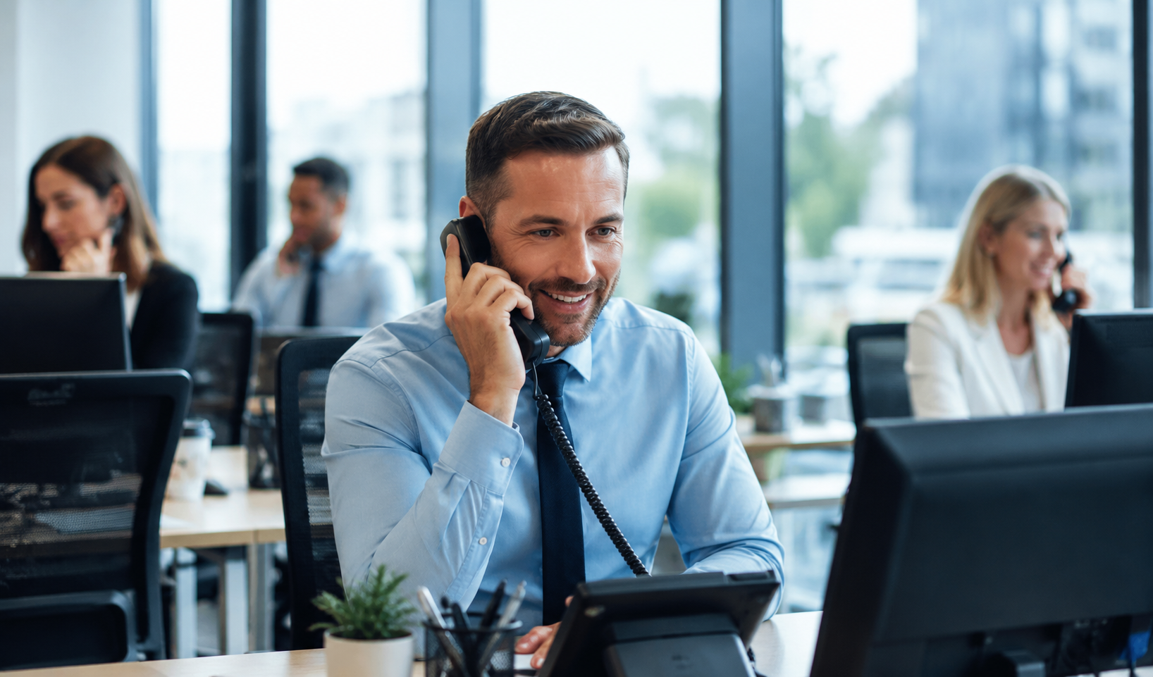 http://Équipe%20professionnelle%20utilisant%20une%20solution%20de%20Téléphonie%20d'entreprise%20à%20Cannes%20et%20Grasse%20dans%20un%20bureau%20moderne.