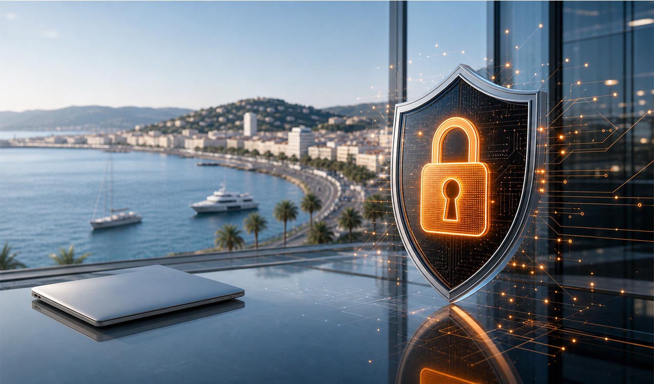 http://Bureau%20avec%20vue%20sur%20la%20baie%20de%20Cannes%20et%20bouclier%20numérique%20symbolisant%20la%20cybersécurité%20des%20entreprises
