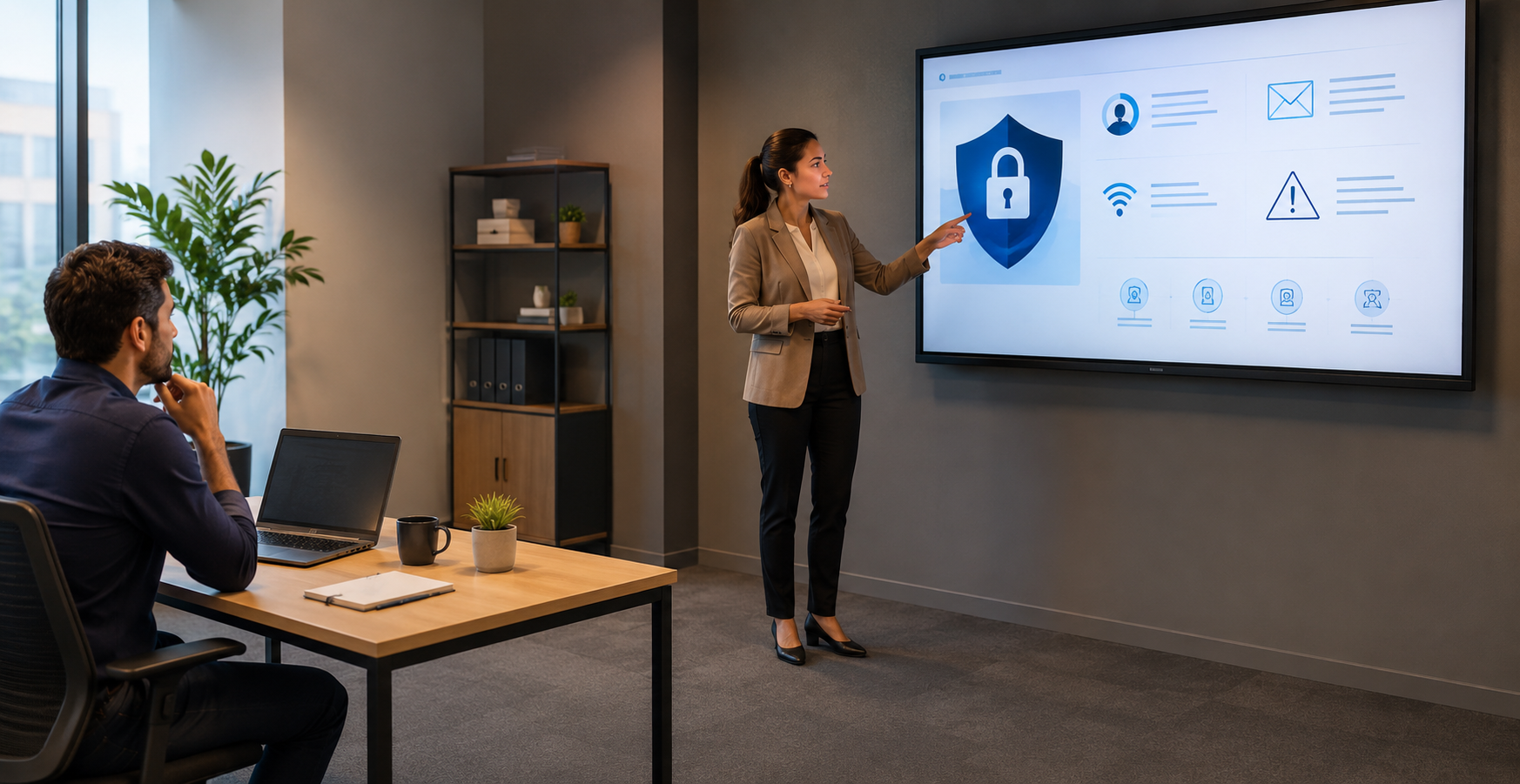 http://Formatrice%20présentant%20les%20bonnes%20pratiques%20de%20cybersécurité%20à%20un%20collaborateur%20sur%20écran%20interactif%20en%20salle%20de%20réunion