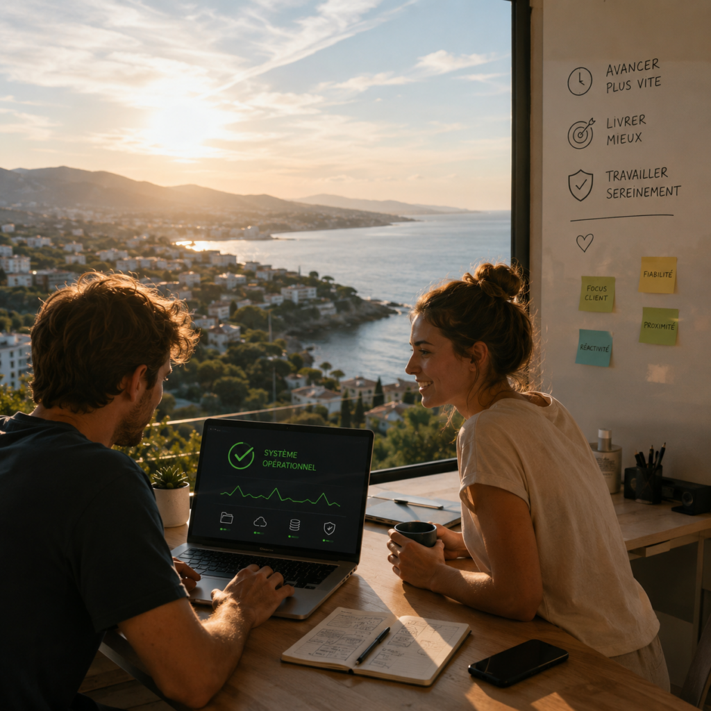 Deux collaborateurs d'une startup consultant un tableau de bord de supervision informatique au statut opérationnel, dans un bureau surplombant la baie d'Antibes au coucher du soleil